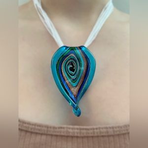 Turquoise Murano Glass Pendant with sterling silver clasp on white lace necklace